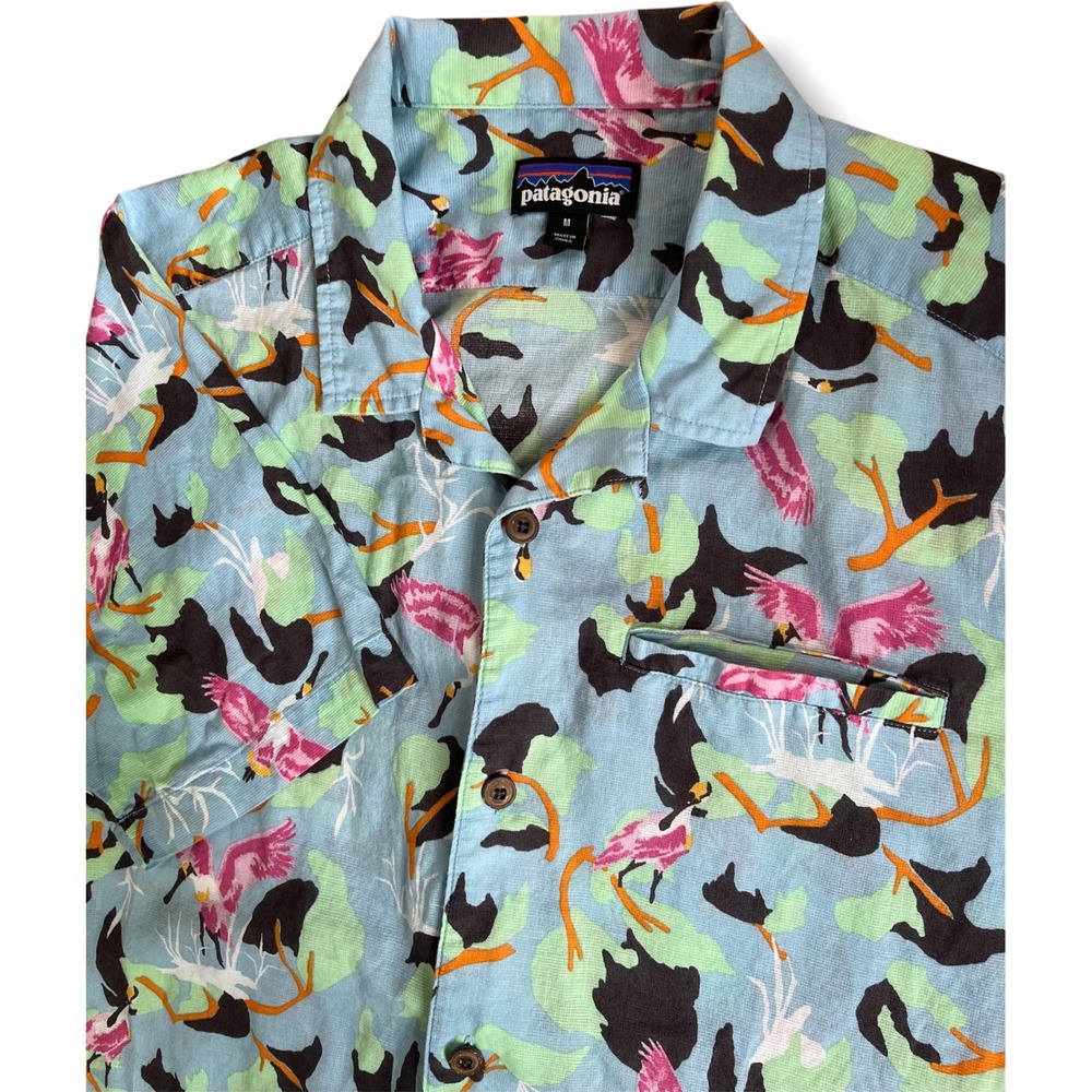Patagonia Mens Pataloha Style Organic Cotton Hemp Bird Print Shirt Blue Medium